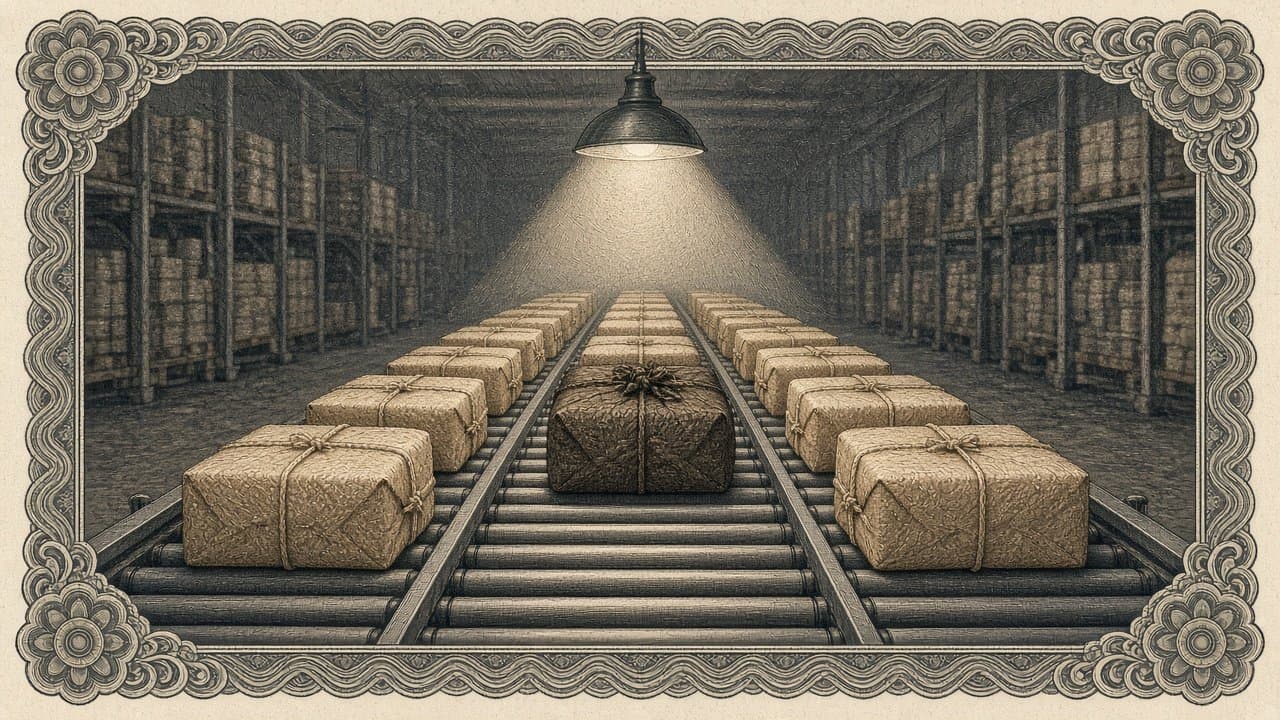 Identical string-tied brown parcels ride a roller conveyor in a warehouse, one darker parcel with a tangled knot sitting under a hanging inspection lamp.