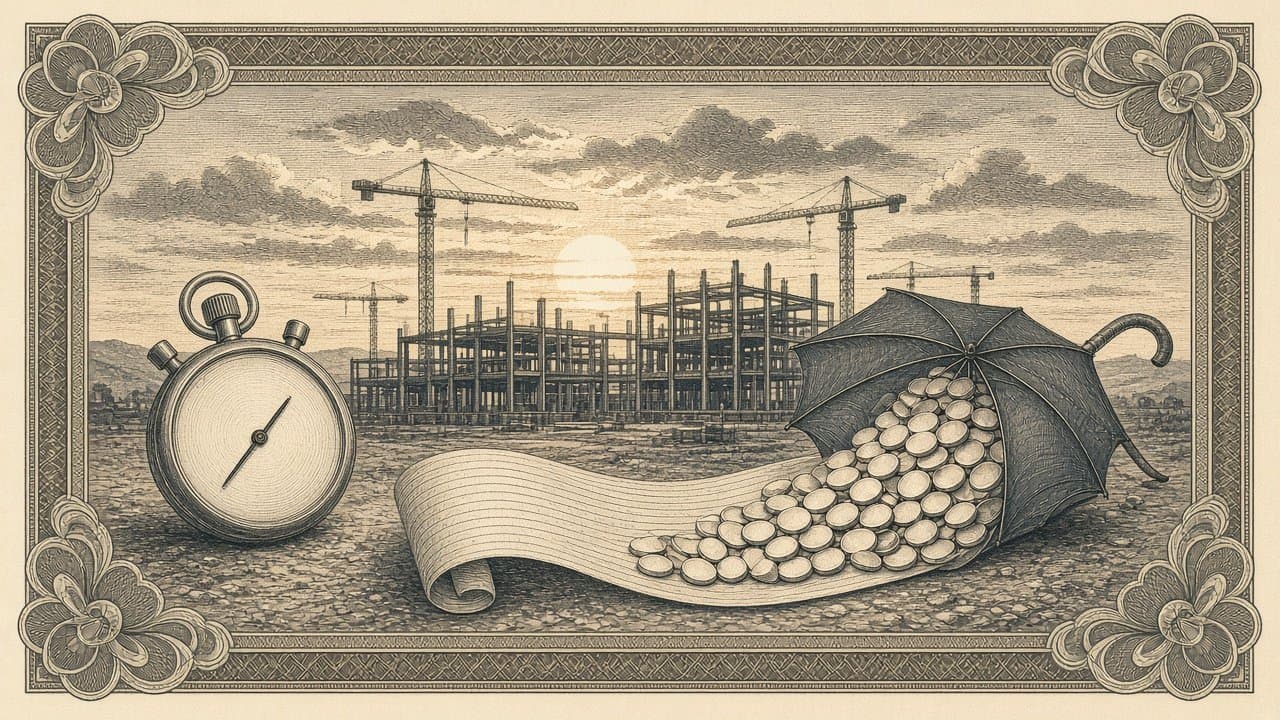 Unfinished data-centre steel frame with idle cranes at sunset, a blank stopwatch beside a contract scroll pouring blank coins into an open umbrella.