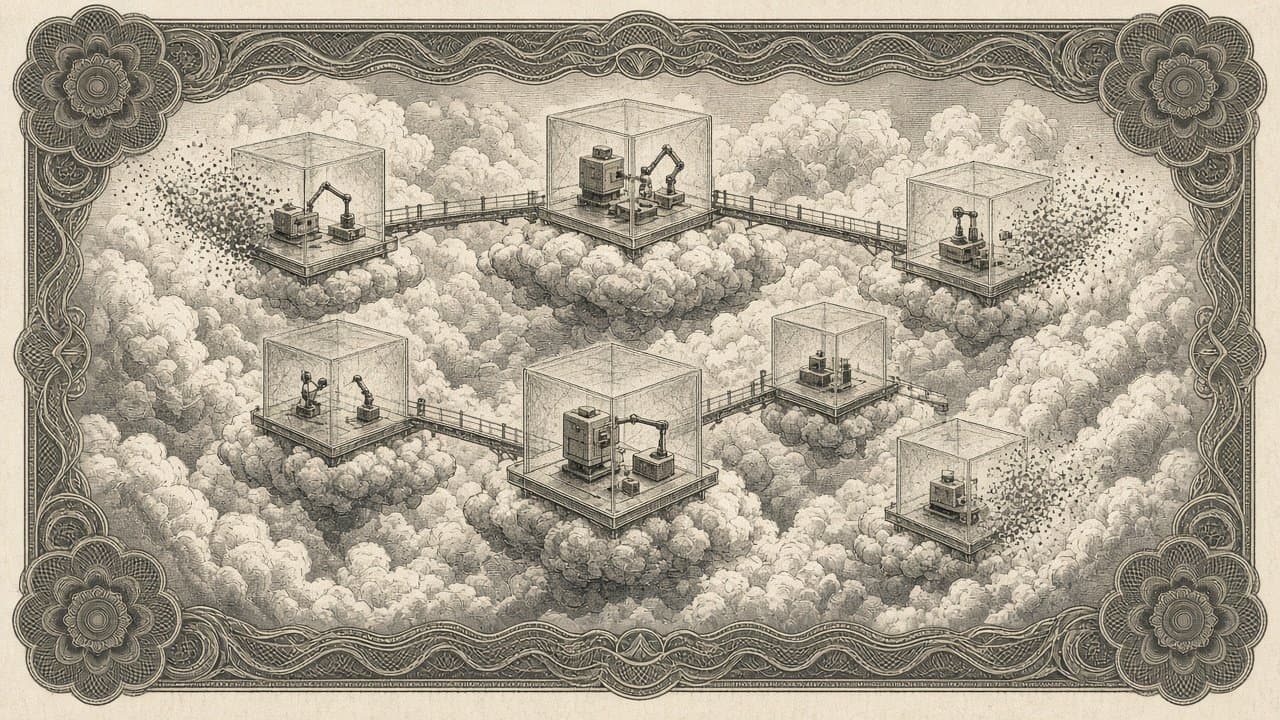 Glass sandbox cubes floating in a cloudscape, each with a small robot at work, linked by narrow walkways while a few cubes dissolve into particles.
