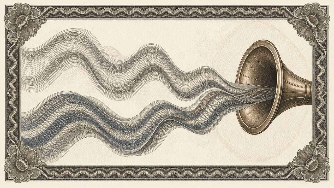 Two flowing sound-wave ribbons merge as they pour into the flared mouth of a brass pipe.