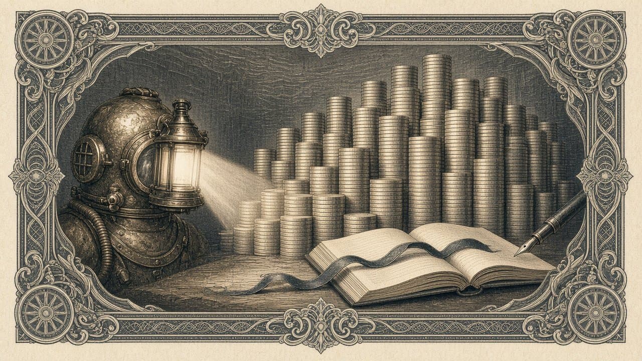Engraved stacks of coins rising beside a Hangzhou skyline, with two larger columns in front, deep-red intaglio.