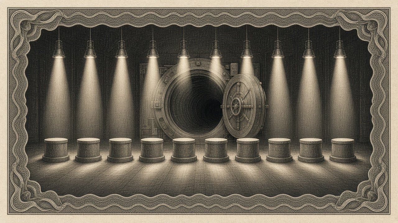 Ten spotlights in a dark hall, each lighting an empty pedestal in a row, with a large round vault door standing open behind.