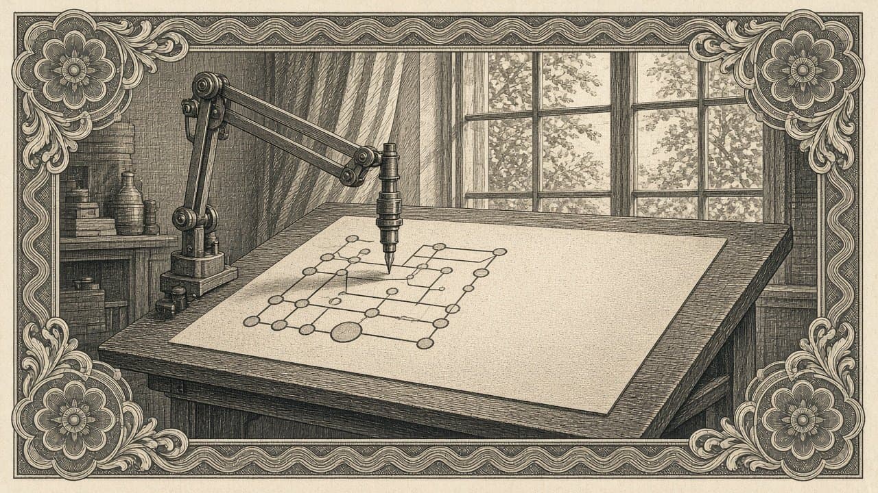 A mechanical drafting arm draws a circuit of lines and round pads on a large sheet at a tilted drafting table, the rest of the page still empty.