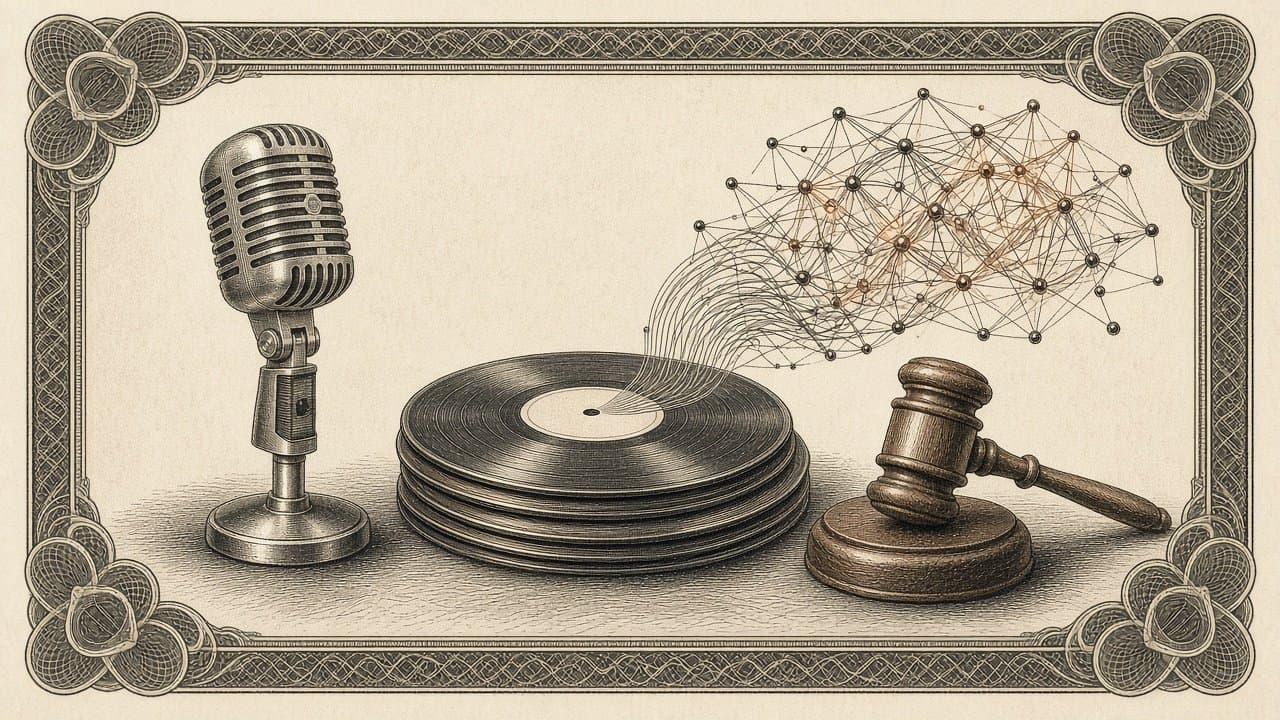 Vintage studio microphone beside a stack of blank-label records and a gavel, the top record's grooves unspooling into a neural network lattice.