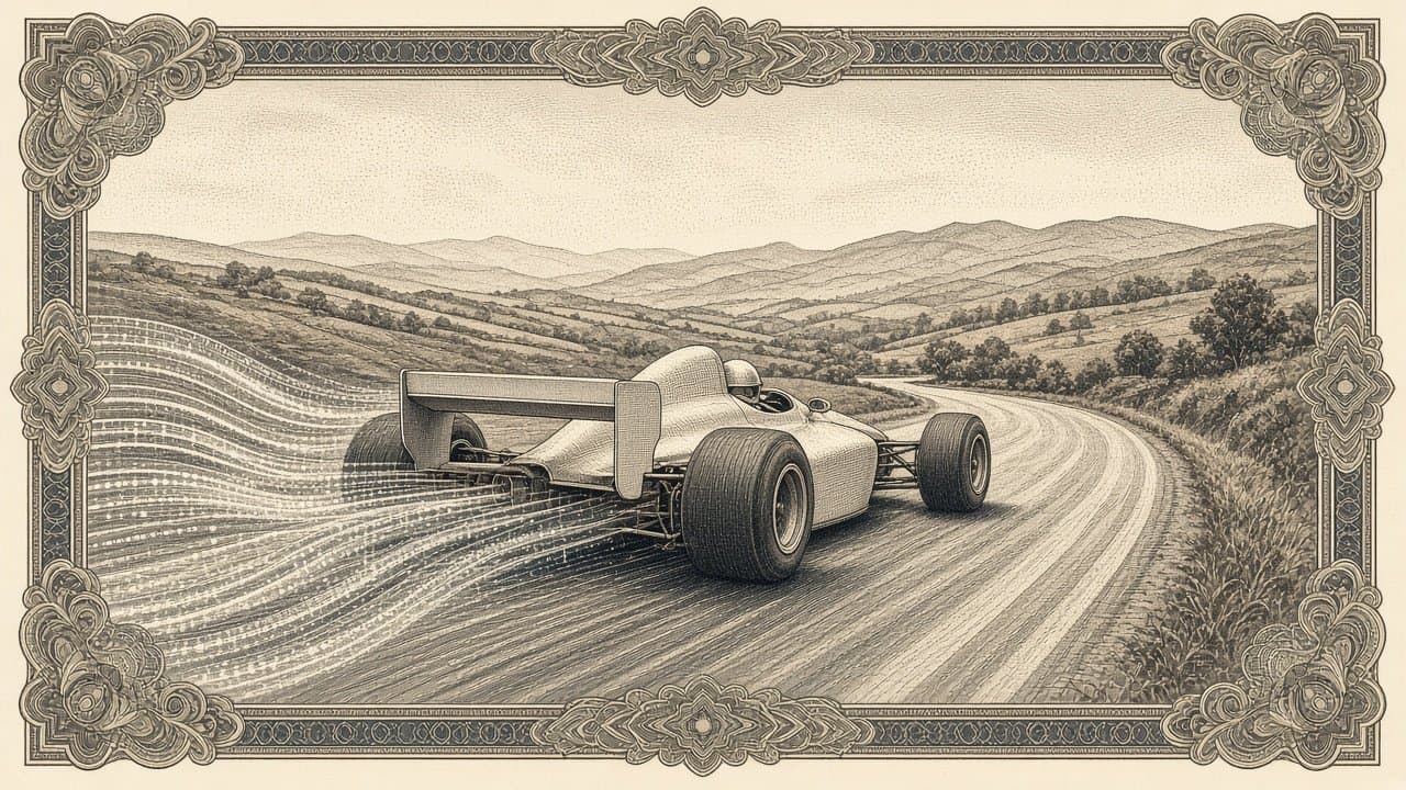 An open-wheel race car seen from behind on a winding country road, trailing flowing streams of light.