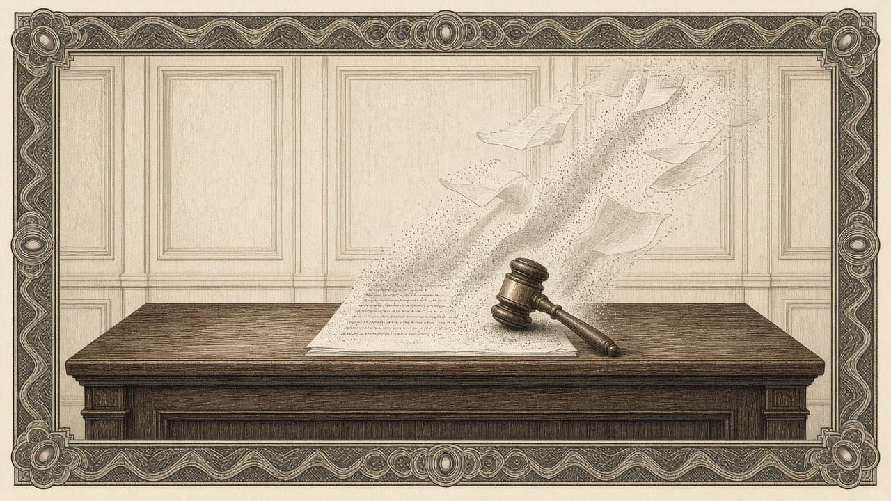 Gavel resting on a draft order on an empty judges' bench, the document's lines breaking into stipple and blank pages drifting away.