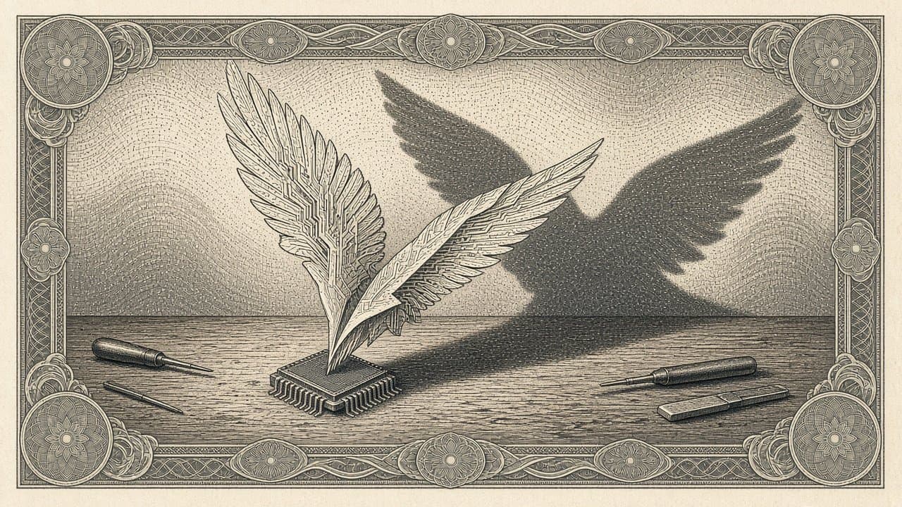Engraved ornithopter with flapping wings rising from a single GPU chip, trailing a thin stream of data, pale blue intaglio.