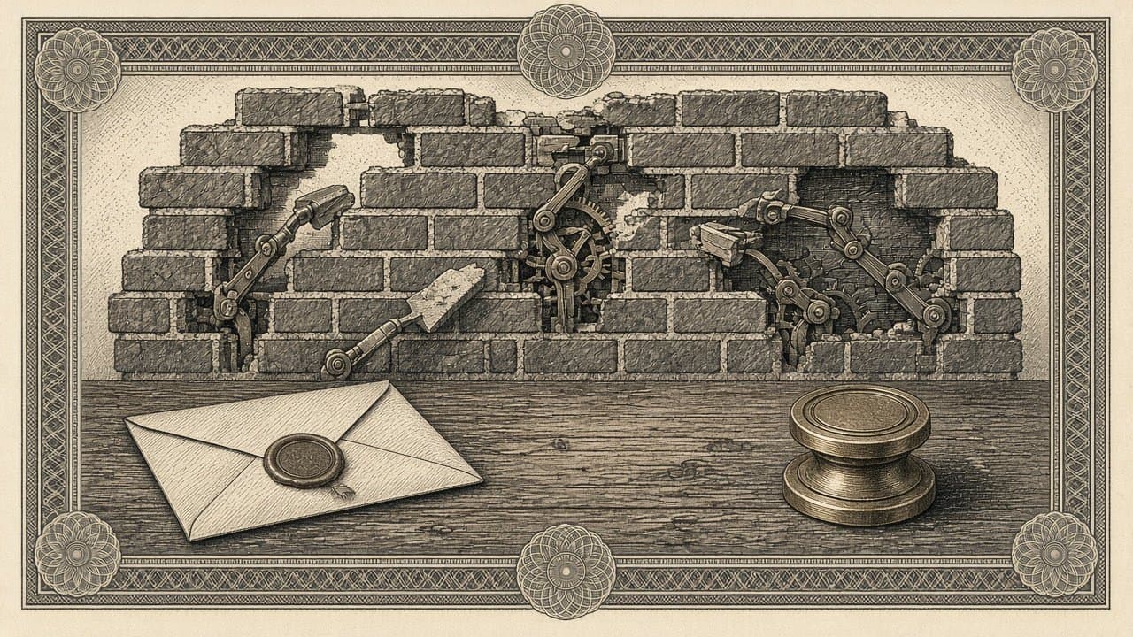 Engraved firewall of interlocking stone blocks being repaired by masons while a sealed envelope waits on a ledge, burnt-orange intaglio.