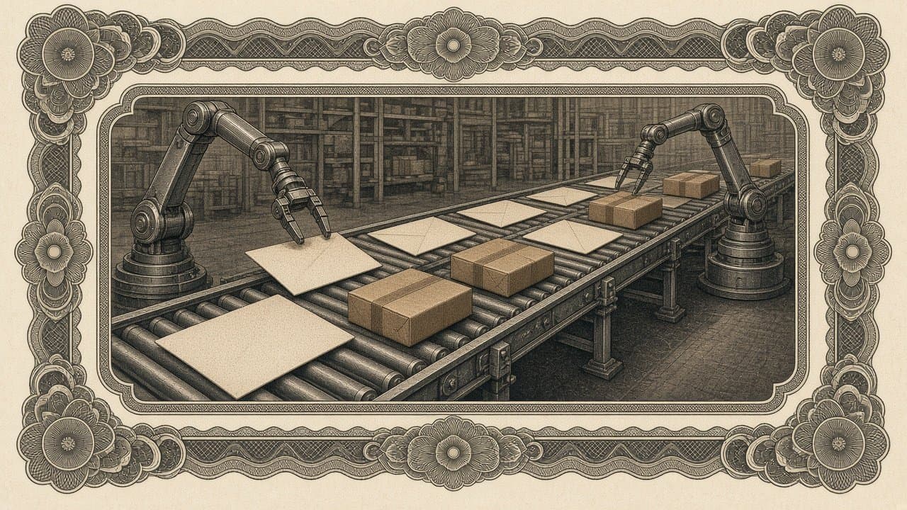 Robot arms place plain envelopes and brown-paper parcels onto a long roller conveyor in a supply depot.
