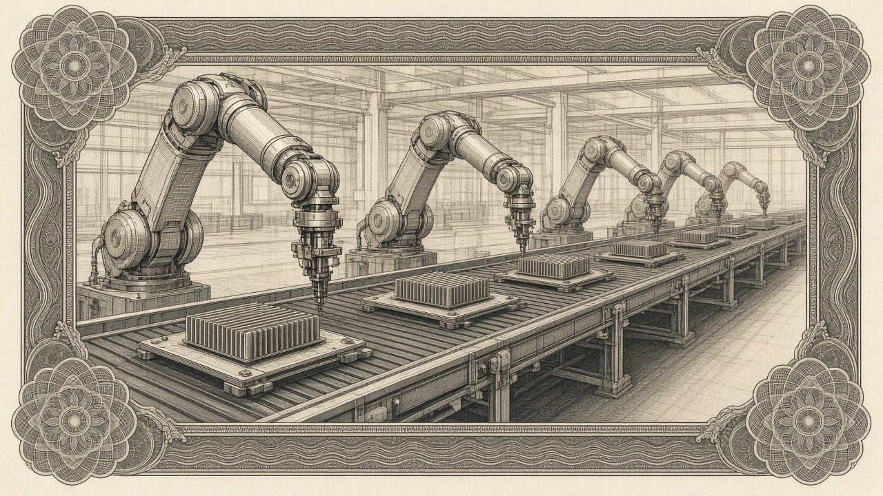Bare accelerator cards with heatsinks move along a factory conveyor beneath a line of robotic arms.