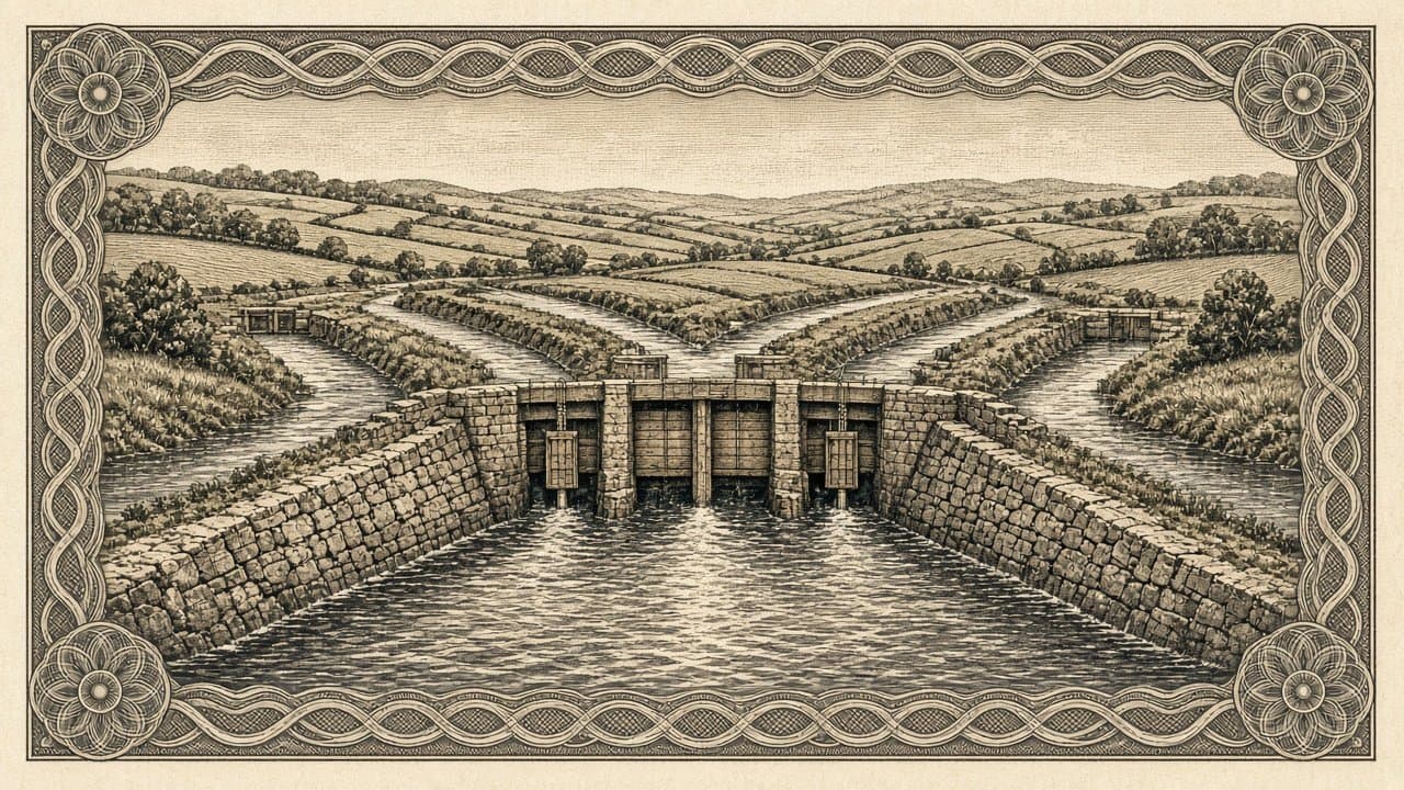 A broad stone channel reaches a sluice with wooden gates and splits into several smaller channels fanning across farmland.