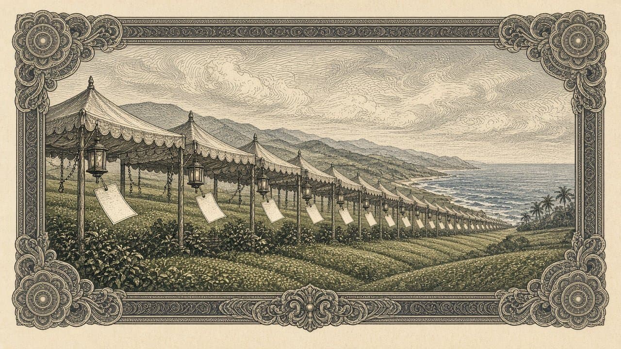 A long row of canopied market stalls with lanterns and blank paper hang-tags recedes across green fields and hills toward a palm-lined coast.