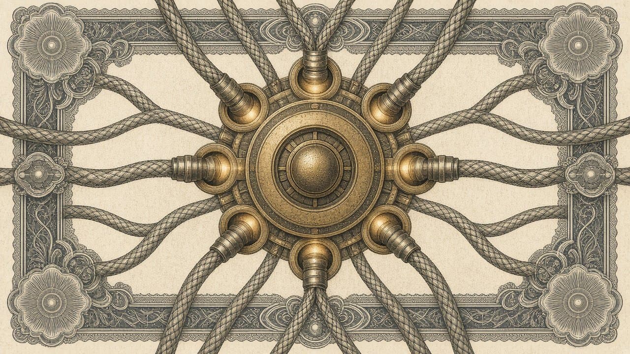 Braided cables with plugs converge from every side into sockets ringing a round brass hub.