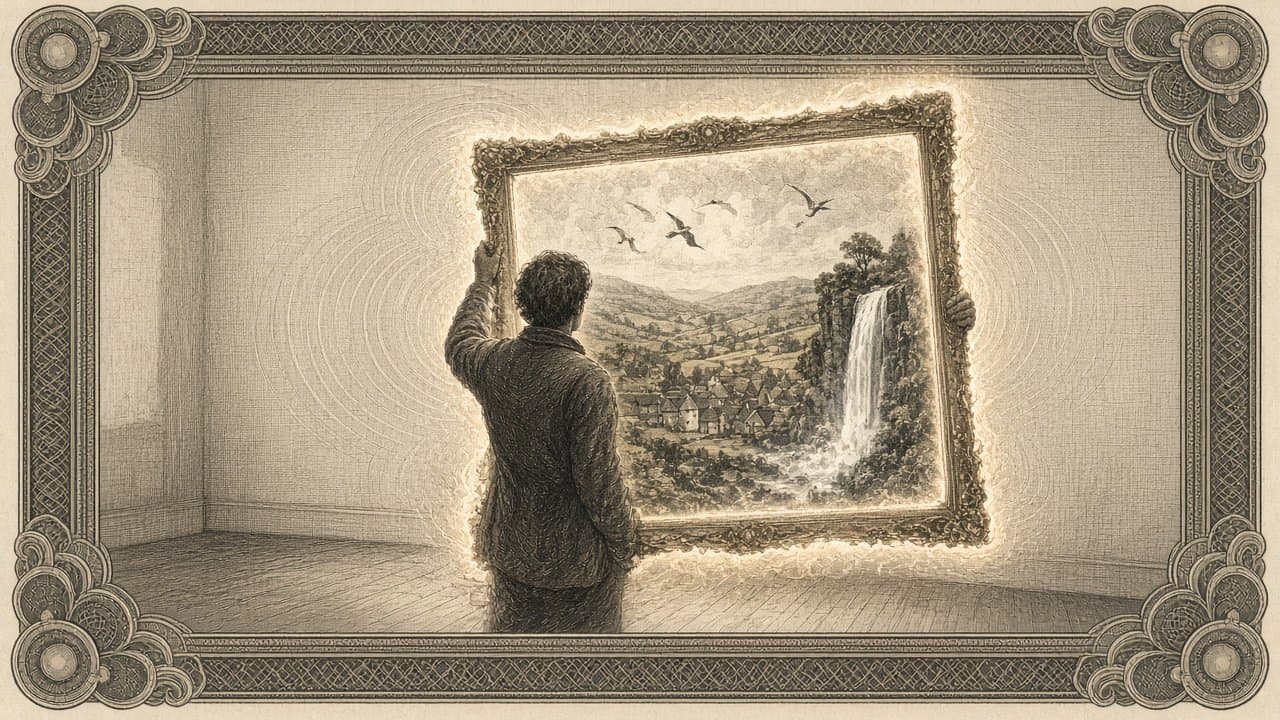 A person seen from behind holding up a glowing frame that opens onto a landscape with a waterfall, birds and a village, with ripples spreading outward.