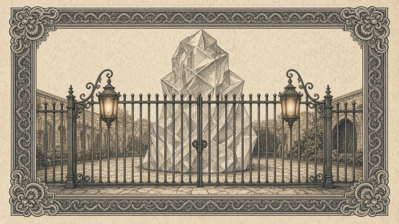 A tall faceted crystal lattice stands in a stone courtyard behind a closed iron gate, two lanterns glowing on the gateposts.