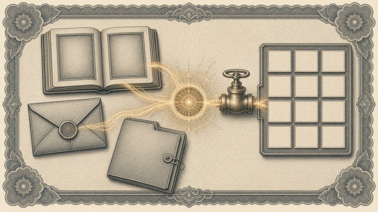 Envelope, photo album and folder linked by glowing threads to an assistant orb, with one thread blocked by a closed valve before a board of blank tiles.
