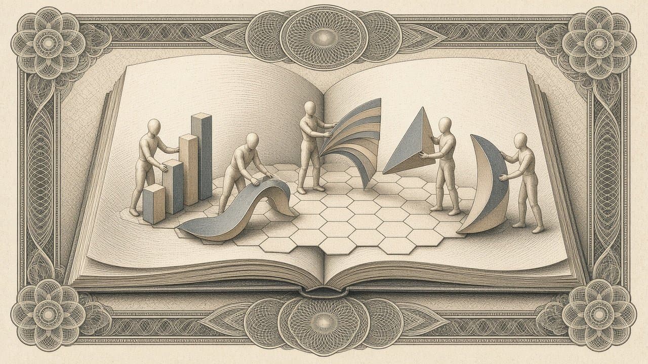 An open notebook unfolding into a pop-up workspace where small faceless figures arrange abstract chart shapes on a hexagon-tiled floor.