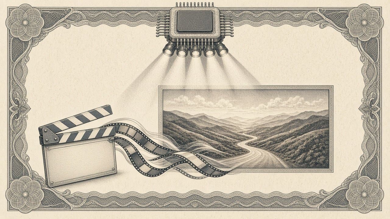 Blank clapperboard streaming film ribbons into a screen showing a generated landscape, lit by a spotlight rig shaped like a microchip.