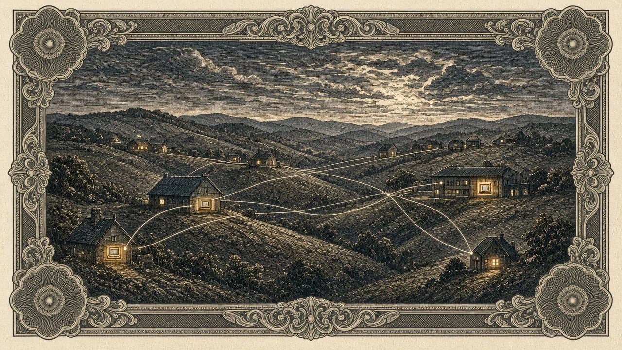 A night landscape of rolling hills dotted with houses and buildings, each with a glowing computer in the window, linked by threads of light.