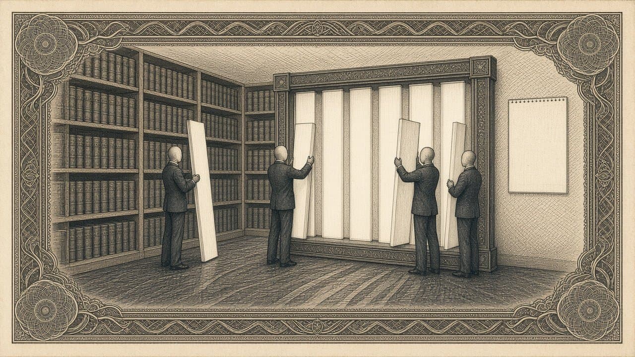 Faceless figures in a ledger room slotting tall glowing blank panels into a large wall frame, with a blank calendar page on the wall.