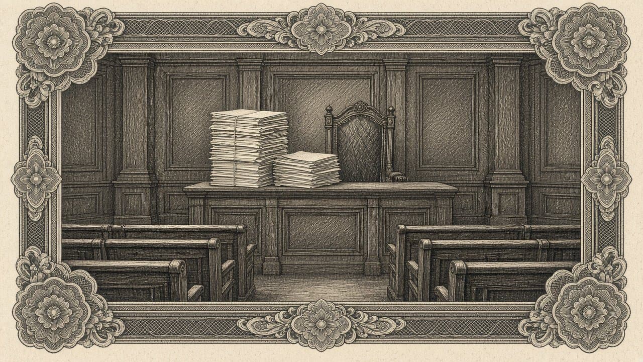 Tall stacks of string-tied papers rest on the bench of an empty wood-panelled courtroom, an empty high-backed chair behind and rows of empty pews in front.