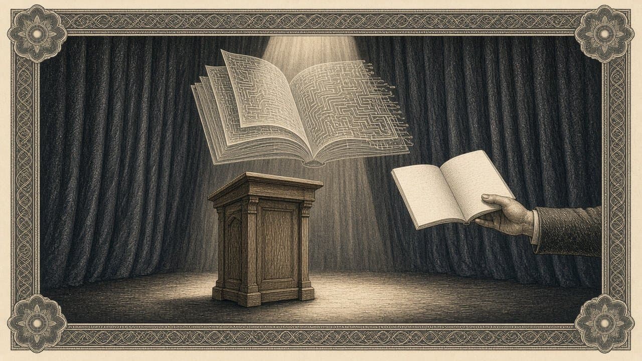 Empty lectern on a spotlit stage beneath a floating book whose pages turn into circuit patterns, as a hand holds out an open blank document.