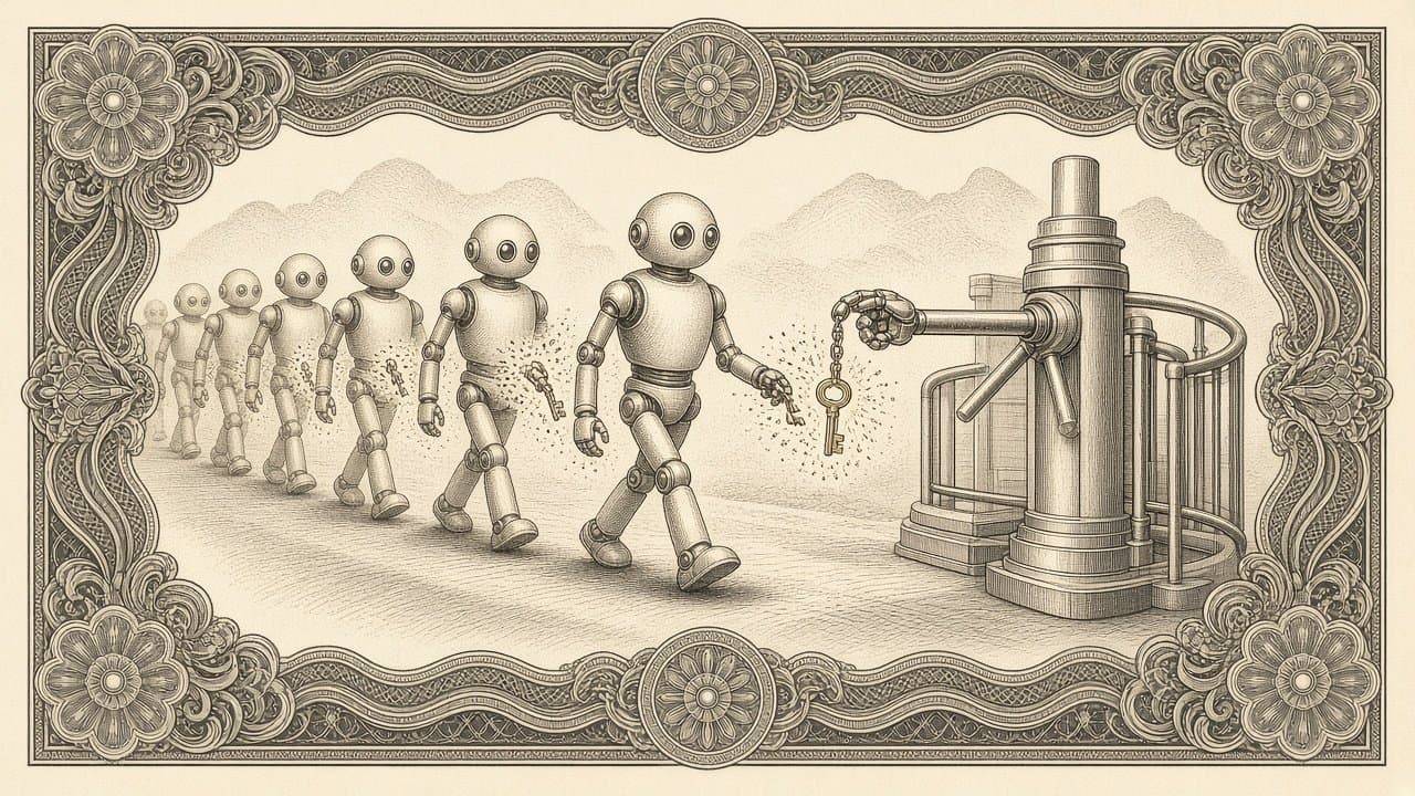 Small robots walking out of a metal turnstile after a mechanical arm hands each one a key on a chain, with the keys of the robots ahead dissolving into sparks.