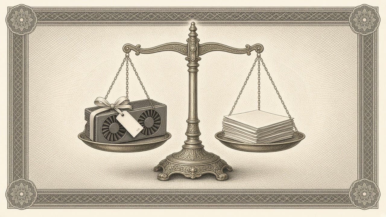 A graphics card tied with a ribbon and a blank tag sits on one pan of a brass balance scale, balanced against a stack of papers on the other.