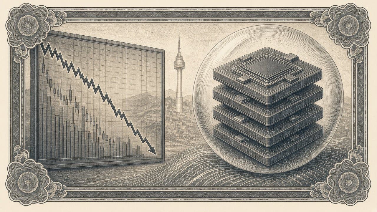 Cover illustration for KOSPI Falls 3.65% as Samsung and SK Hynix Slide Days After Samsung's Record Quarter