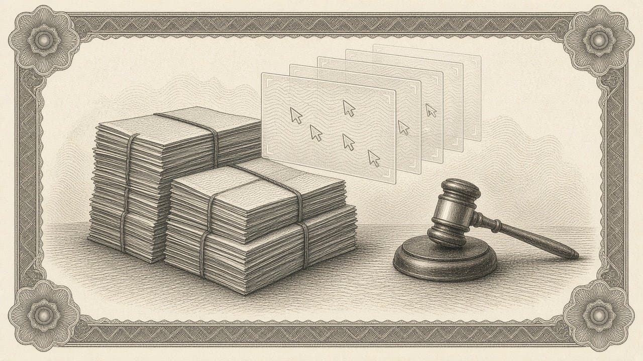 Engraved scales of justice balanced on a stack of contracts, with small agent figures carrying documents between the pans, violet intaglio.