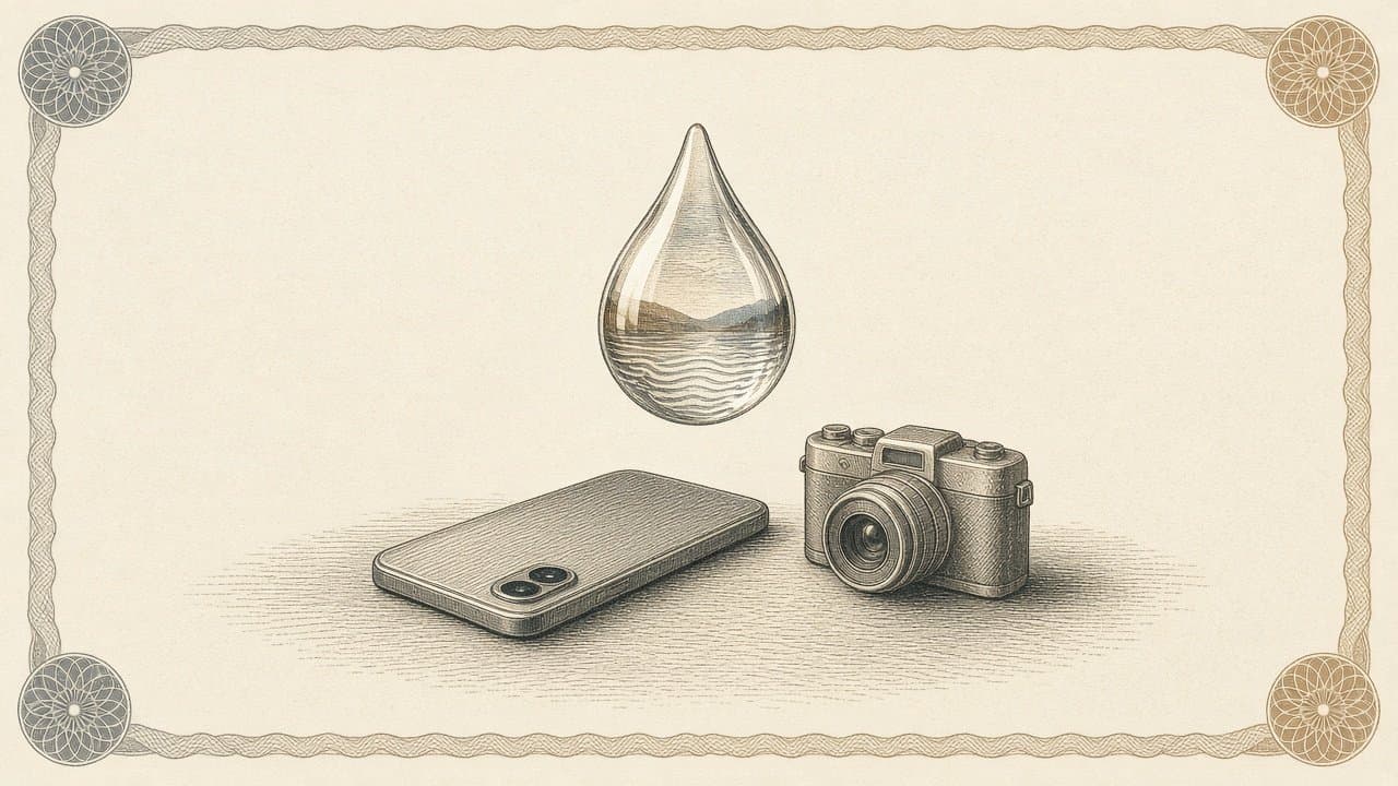 A glowing liquid droplet reflecting a landscape and sound waves, hovering above a smartphone and a small camera.