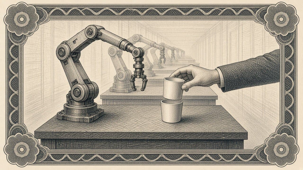 A robot arm watching a human hand stack one cup on another, with translucent copies of the scene repeating into many rooms behind.