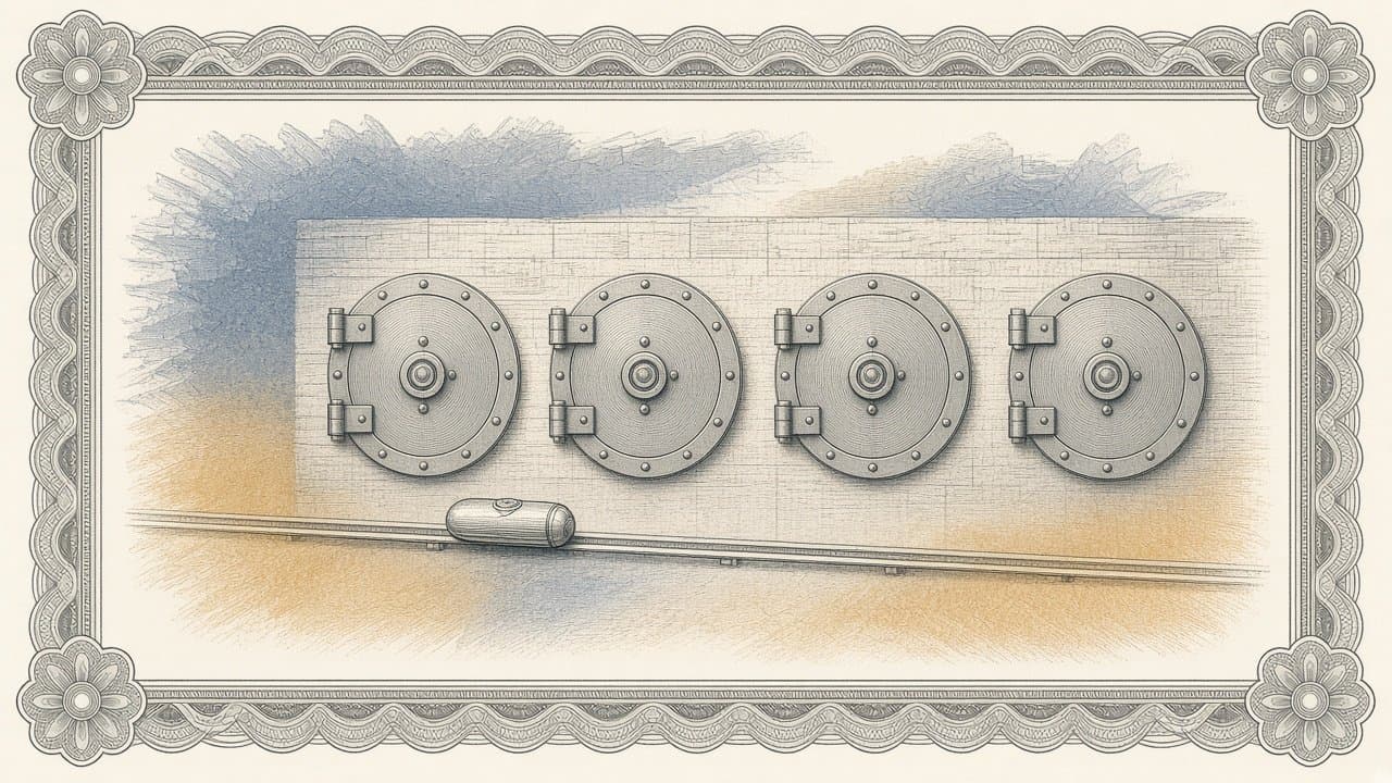 Engraved banknote-style illustration in slate blue and ochre tints: a small sealed capsule on a rail runs along a stone wall holding four closed, riveted round vault doors.