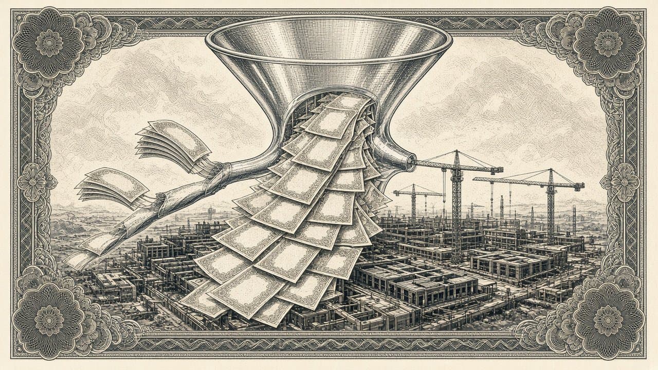 A giant glass funnel pouring a stream of blank ornamental certificates into a data-centre construction site with cranes.