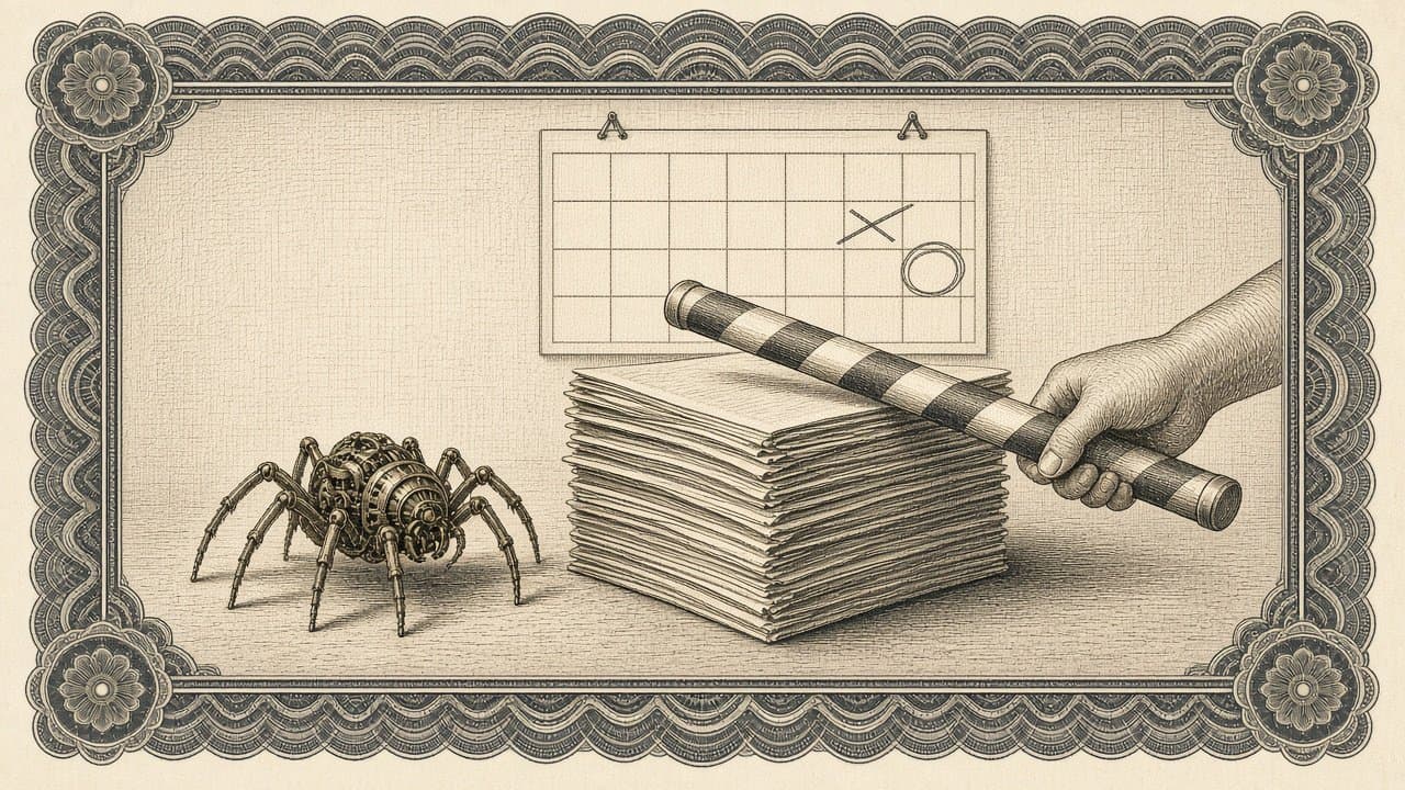 Clockwork spider paused beside a stack of papers, held back by a hand-held striped barrier, below a blank calendar with one square crossed out and a later one circled.