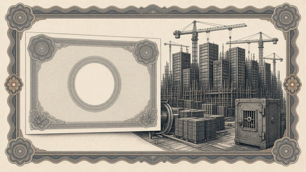 Engraved stock certificate stamped "Class C" with a padlocked ballot box beside it, over stacked data-centre racks, steel-blue intaglio.