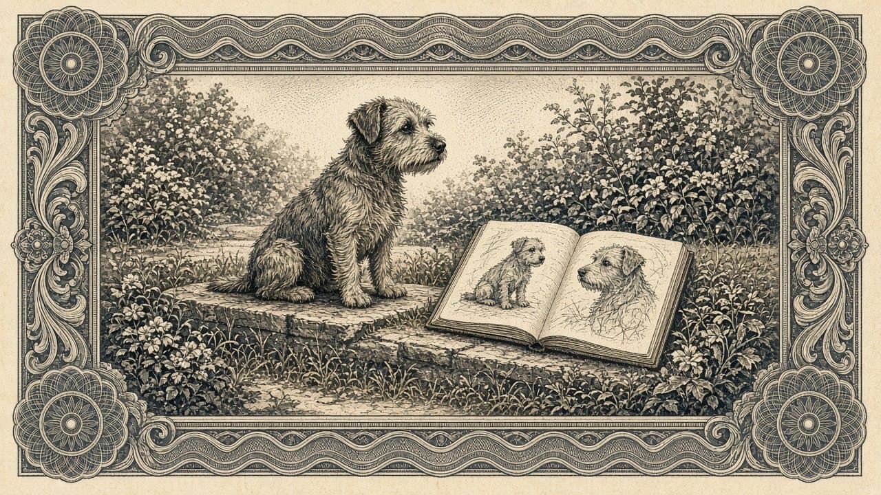 A scruffy dog sits on a garden step beside an open journal filled with pencil sketches of the dog.