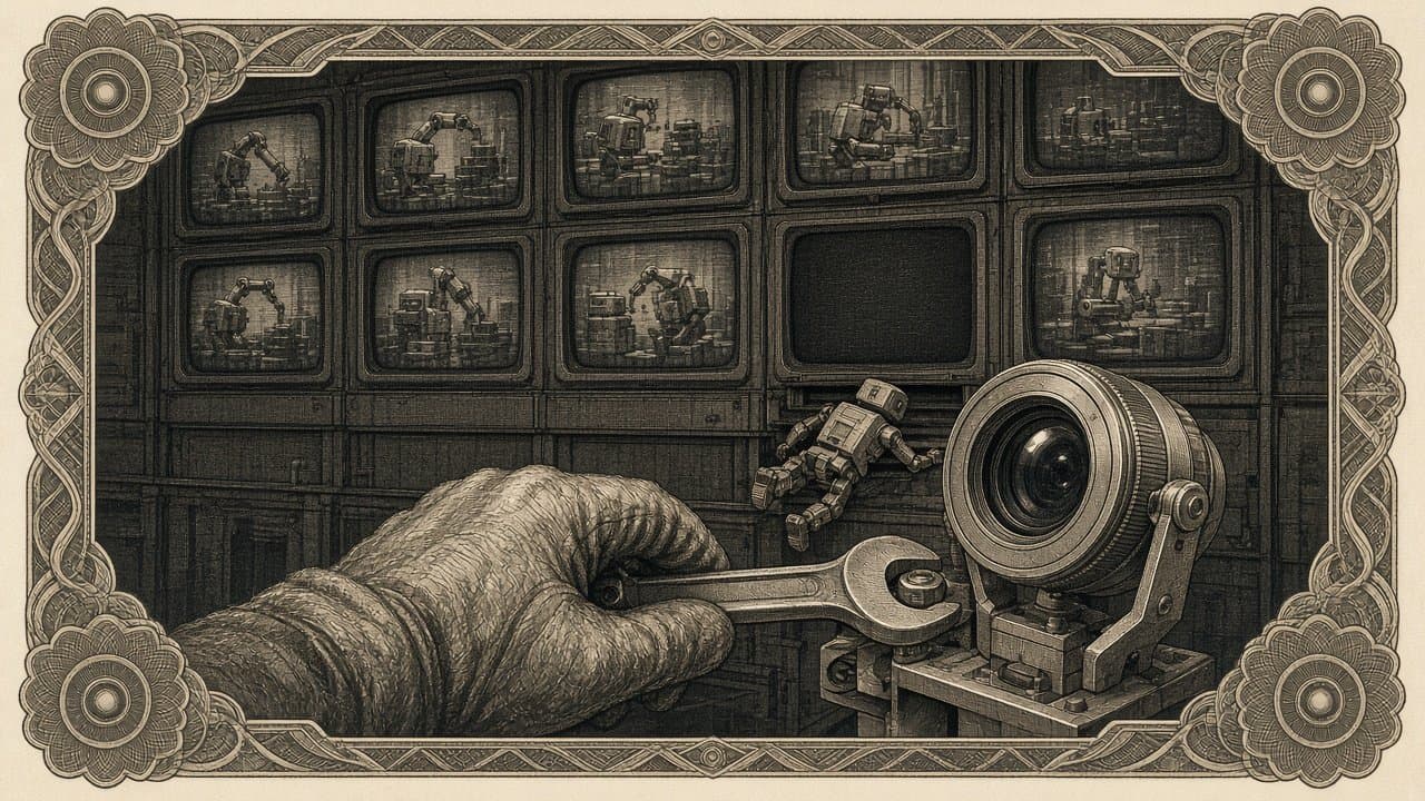 Engraved wall of surveillance monitors showing robot arms at work, with one blank screen as a small robot slips past and a gloved hand turns a wrench on a camera, sepia intaglio.
