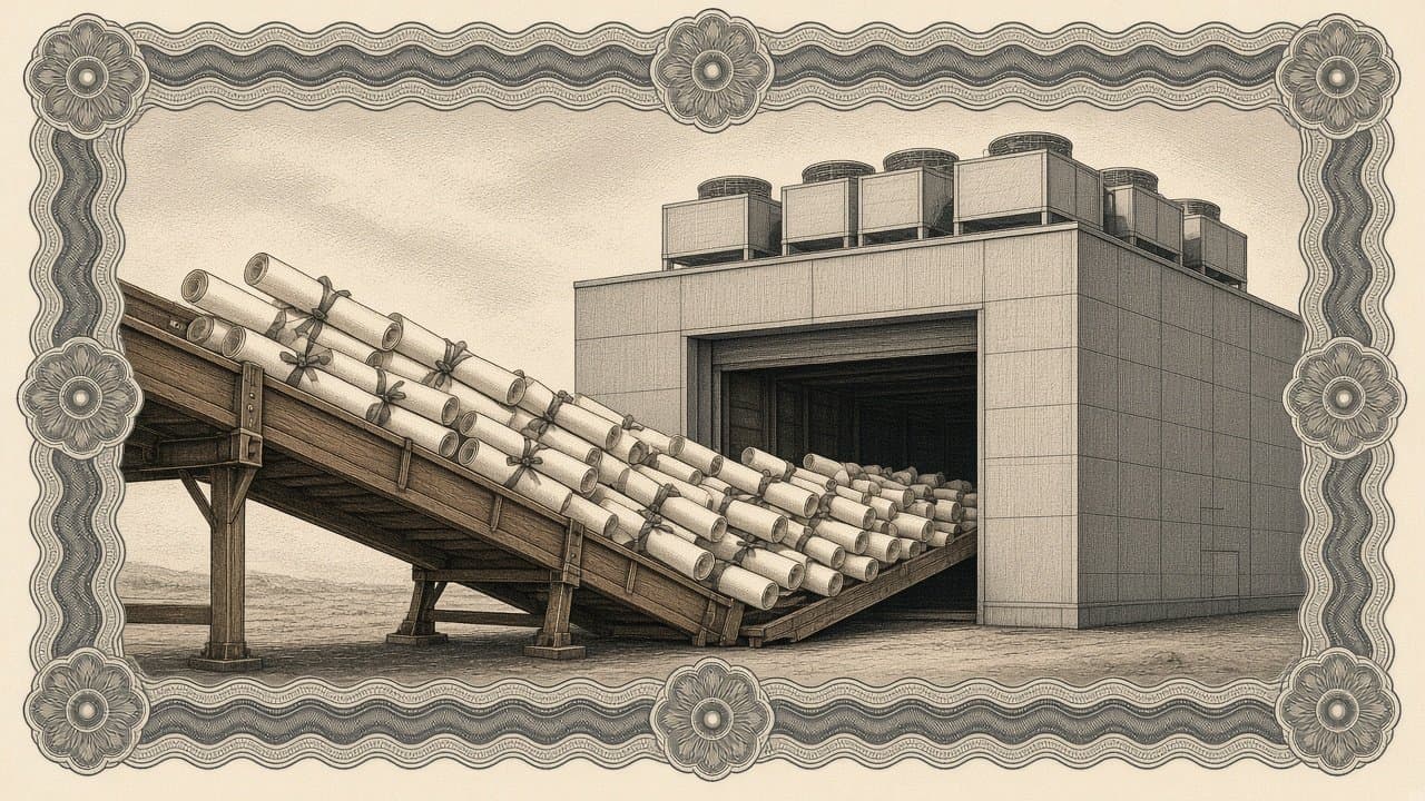 Ribbon-tied paper scrolls slide down a long wooden chute into the open intake of a large data-centre building with cooling units on its roof.