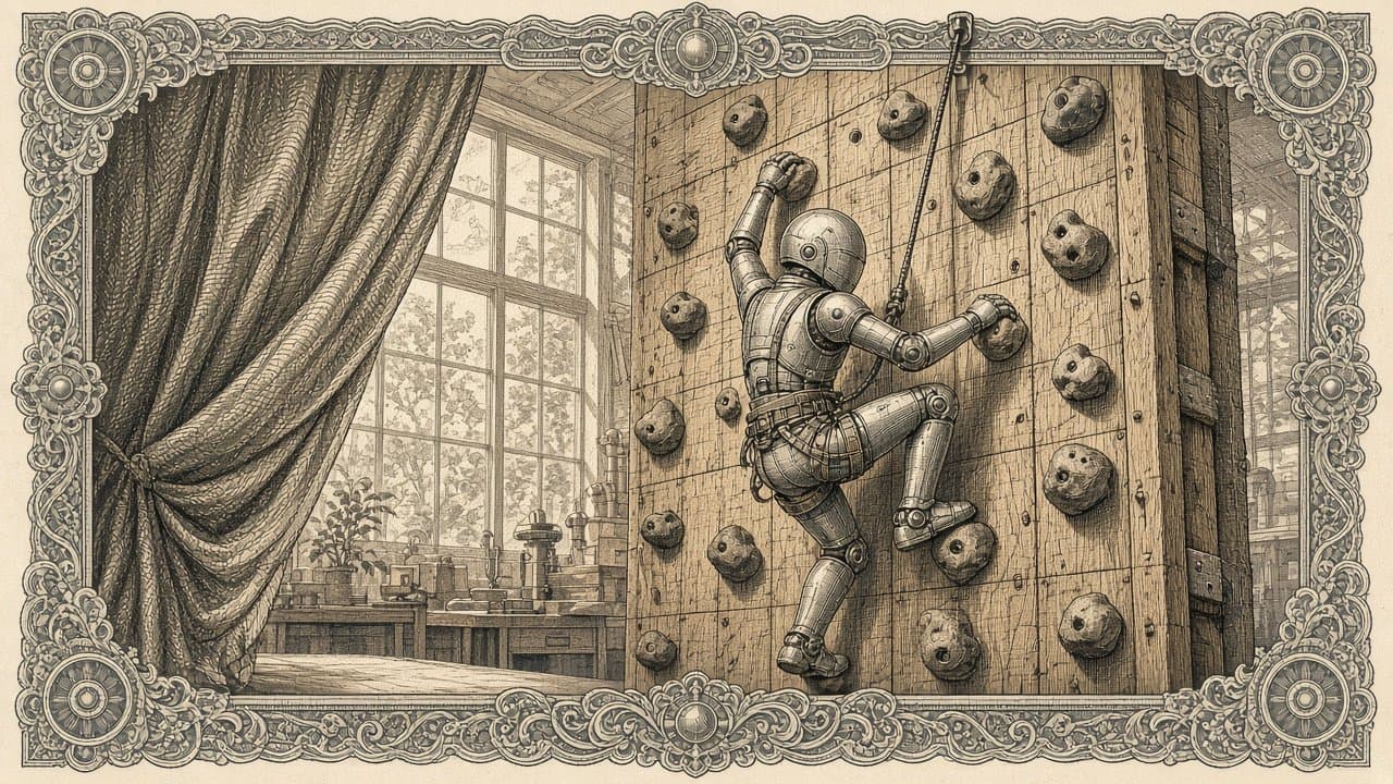 A small jointed robot in a climbing harness scales a wooden practice wall in a sunlit workshop, a curtain drawn half back at the left.