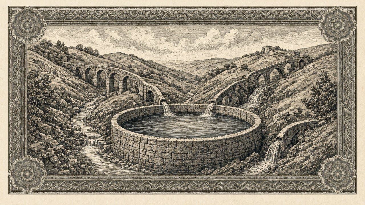 Stone aqueducts and streams wind down through rolling hills, all pouring into one large round stone reservoir.