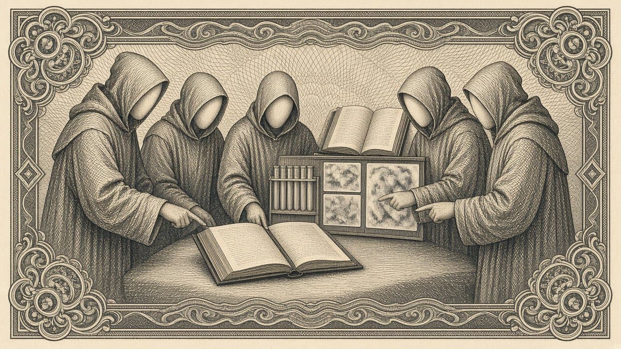 Five hooded, faceless robed figures gathered around an open case folder, pointing at a board of test tubes and scans, an open journal behind them.