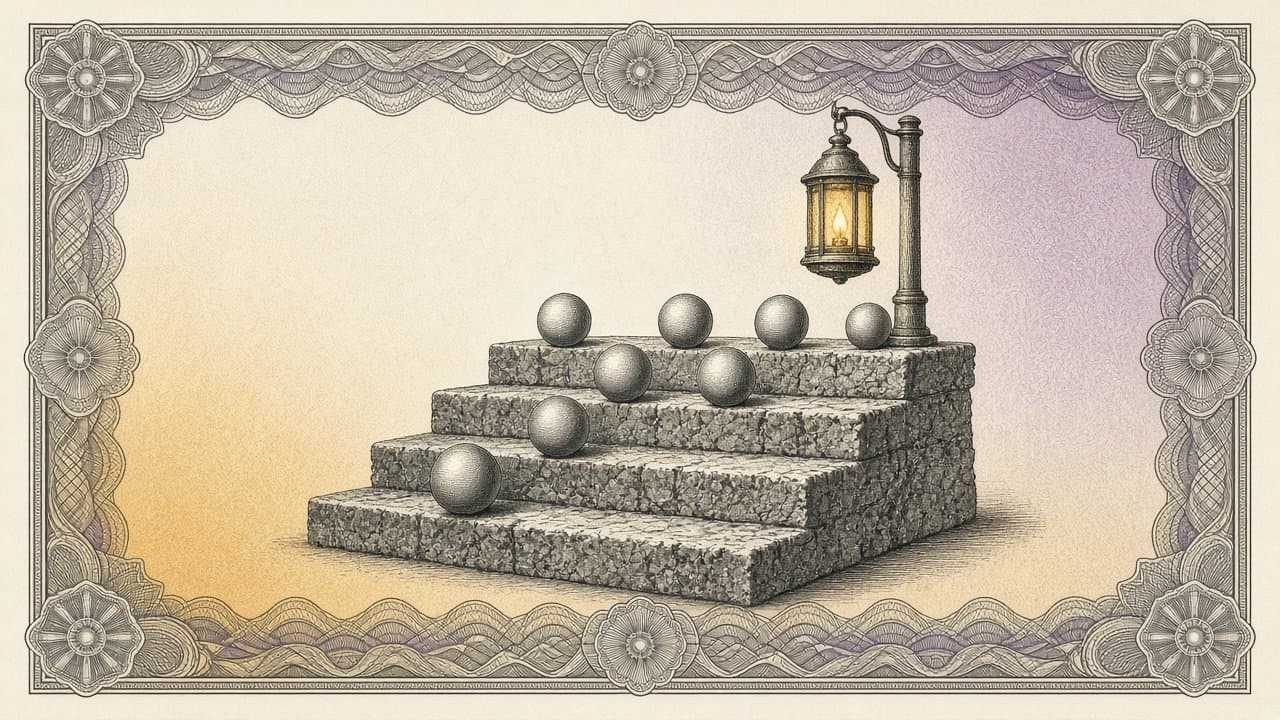 Engraved banknote-style illustration in ochre and violet tints: eight stone spheres climb a four-step stone staircase toward a lit lantern hanging from a post at the top.
