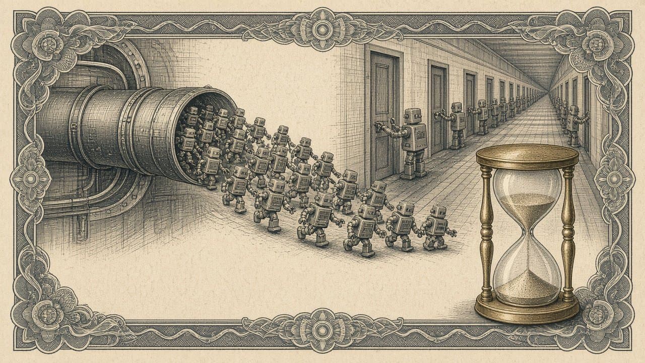 Swarm of small robots pouring out of a pipe into a long corridor of office doors, trying the handles, with a brass hourglass in the foreground.