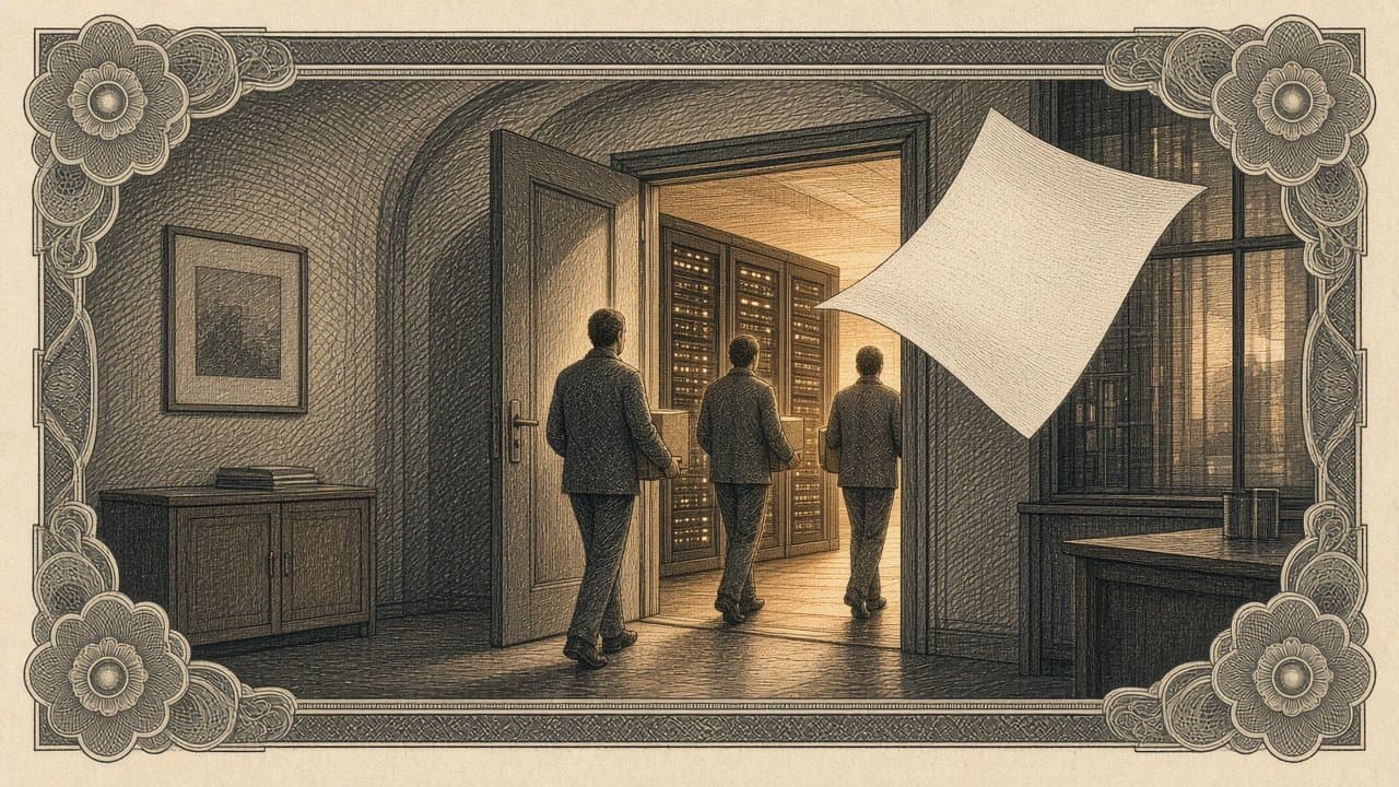 People seen from behind carrying boxes out of an open office doorway at golden hour, with glowing server racks behind and a blank calendar page curling in the air.