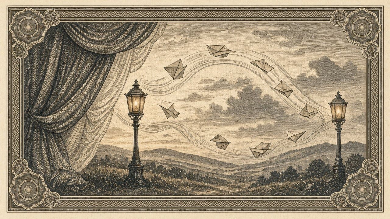 Folded paper planes drift on curving wind lines between two lanterns in a dusk landscape, framed by a half-open stage curtain.