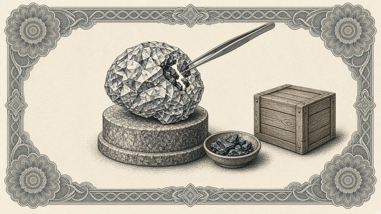 Faceted crystal brain on a stone pedestal with tweezers lifting out dark shards into a dish, next to a closed, unmarked wooden crate.