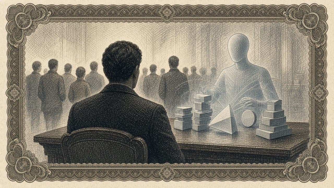 An adviser seen from behind at a desk where a translucent AI assistant stacks abstract shapes, with a queue of clients in soft focus behind.