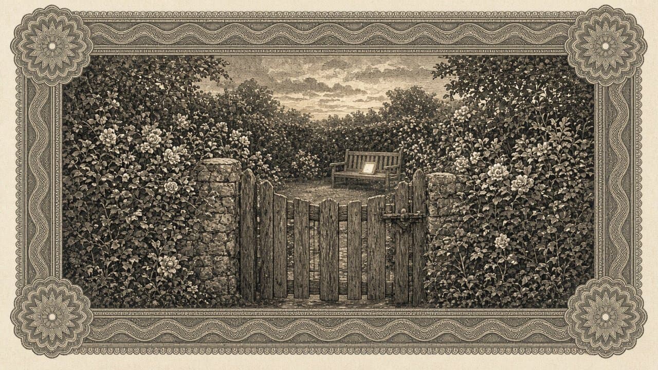 A closed wooden garden gate set between stone pillars and climbing roses, with a small glowing tablet resting on a bench in the garden beyond.