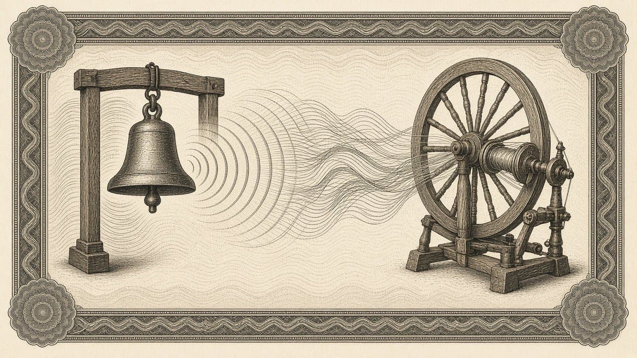 A bronze bell in a wooden frame sends sound ripples across the scene that turn into fine threads winding onto a spinning wheel.